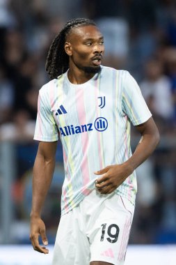 Bergamo, İtalya. 16 Ağustos 2025. Gewiss Stadyumu 'nda Bortolotti Kupası. Atalanta, Juventus 'a karşı. Khephren Thuram, Juventus.