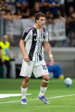 Bergamo, İtalya. 16 Ağustos 2025. Gewiss Stadyumu 'nda Bortolotti Kupası. Atalanta, Juventus 'a karşı. Kenan Yıldız, Juventus.