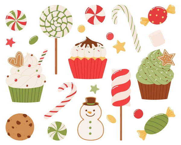 Kerstsnoepjes Klaar Taarten Snoepjes Peperkoek Lolly Een Witte Achtergrond Vectorillustratie — Stockvector