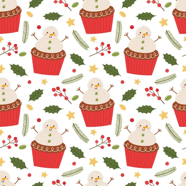 Cute Snowman Cupcake Seamless Pattern Hand Drawn White Background Vector — Stock Vector