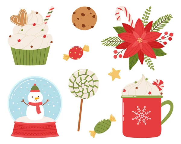 Weihnachts Cupcakes Set Vorhanden Verschiedene Ferien Cupcakes Flachen Cartoon Stil — Stockvektor