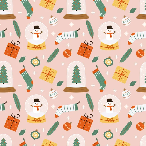 Modèle Noël Nouvel Sans Couture Boule Neige Cadeaux Chaussettes Sur — Image vectorielle