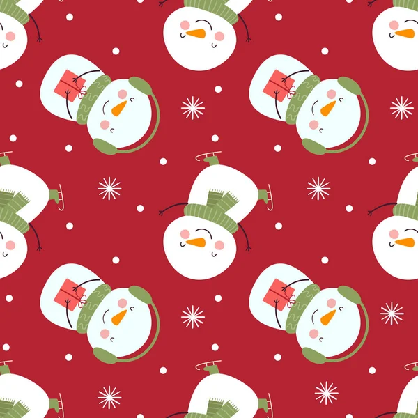 无缝隙的冬季图案 红色背景上有滑稽的雪人 圣诞节及新年假期的病媒背景 — 图库矢量图片