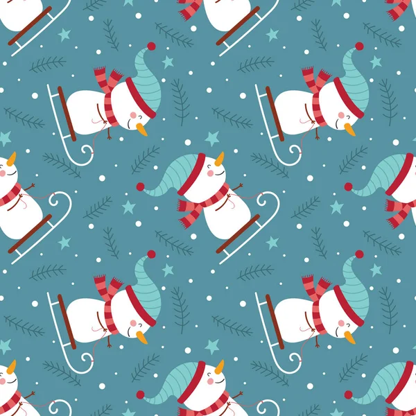 没有缝隙的冬季图案 雪橇上挂着滑稽的雪人 圣诞节和新年包装纸 纺织品 织物的病媒背景 — 图库矢量图片