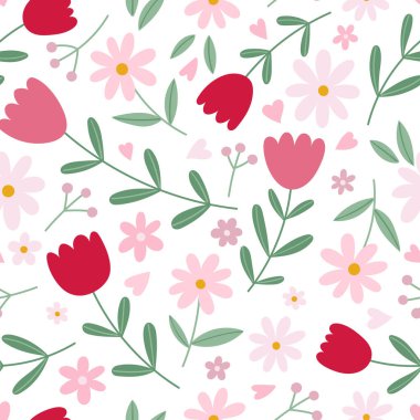 Seamless pattern with bright spring flowers and hearts. For textiles, wrapping paper, clothes. Vector illustration isolated on white background.