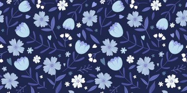 Vector floral seamless pattern in hand drawn style. Stylized flowers on a blue background. Repeating pattern for fabric or wallpaper design. Vector illustration
