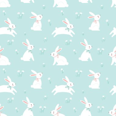 Seamless background with cute rabbits on the background of the lawn. Vector repeating pattern, for children s textiles, clothes, wallpapers, fabric