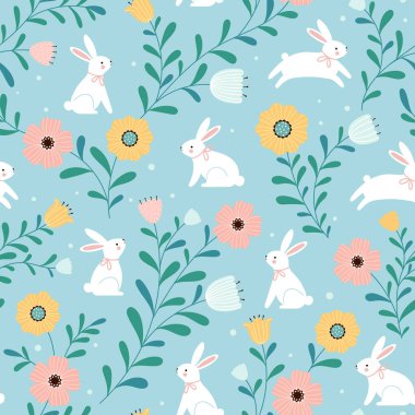 Seamless background with cute rabbits and abstract flowers. Vector repeating pattern for baby textiles, clothes, wallpapers, fabric