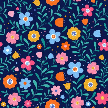 Seamless floral pattern with bright colorful flowers, plants and branches on a dark blue background. Seamless vector pattern for prints, fabric, textile