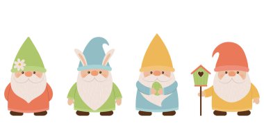 Collection of cute spring gnomes. A variety of garden gnomes, in a flat cartoon style. Vector illustration isolated on white background. clipart