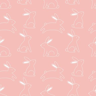 Pembe arka planda tavşan çizgileri olan şirin, pürüzsüz bir desen. Çocukların tekstil, kumaş, ambalaj kağıdı ve duvar kağıtları için vektörsüz arkaplan