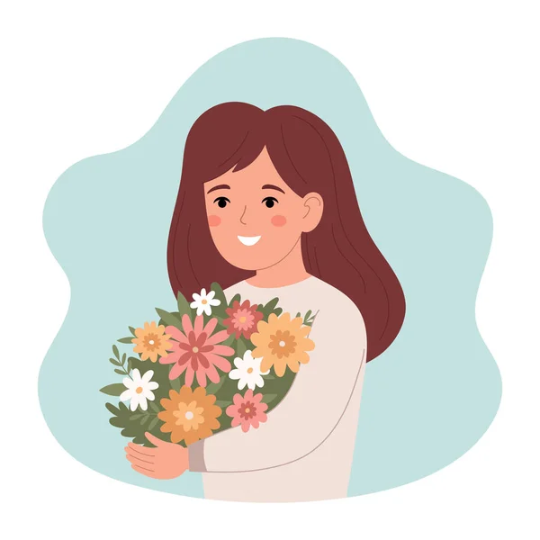 花の花束を持つ女の子ベクトルフラットイラスト — ストックベクタ