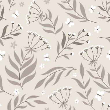 Yabani çiçekler ve otlarla kusursuz bir desen. Basit düz stil, pastel palet. Kumaş, tekstil, giysi, ambalaj için kusursuz vektör arkaplanı