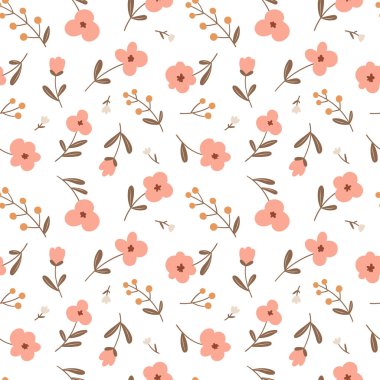 Son moda çiçeksiz desen. Basit pembe küçük çiçekler ve vektör böğürtlenler. Beyaz arka planda elle çizilmiş sevimli çiçekler. Tekstil, kumaş, duvar kağıdı için ideal