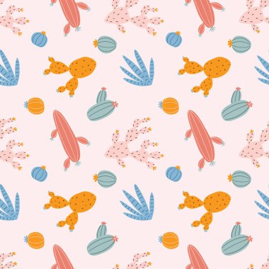 Kaktüs bitkileri vektörsüz desen oluşturur. Çocuksu çizgi film karalaması. Saf İskandinav tarzında güzel bir el yapımı kaktüs. Sınırlı pastel palet