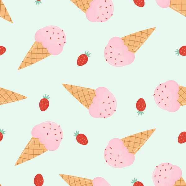 Erdbeereis Nahtloses Muster Eis Zapfen Und Erdbeeren Auf Hellgrünem Hintergrund — Stockvektor