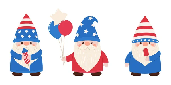 stock vector Patriotic gnomes, Independence Day 4th of July, USA. Vector set in flat cartoon style isolated on white background.