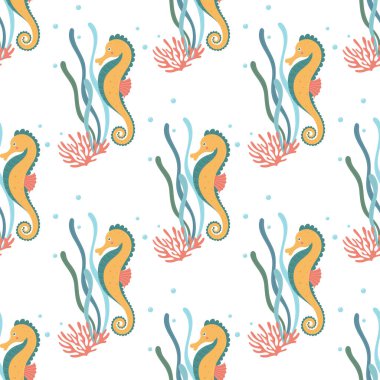 Denizatı, kusursuz desen. Su altı yaşamı. Çocuk kıyafetleri, ambalajları, tekstil tasarımları için ideal. Beyaz arkaplanda izole edilmiş düz çizgi film tarzında vektör illüstrasyonu