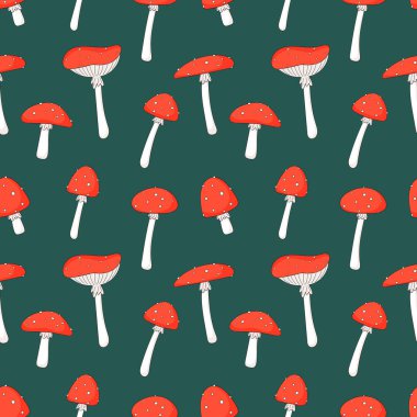 Sevimli kırmızı sineksi mantarlı kusursuz desen. Koyu yeşil arka planda karalama tarzında vektör illüstrasyonu. Kumaş, giysi ve tekstil için kusursuz doku..
