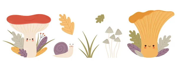 Funny Mushroom Characters Snail Autumn Leaves Set Bright Cartoon Vector — Stock Vector