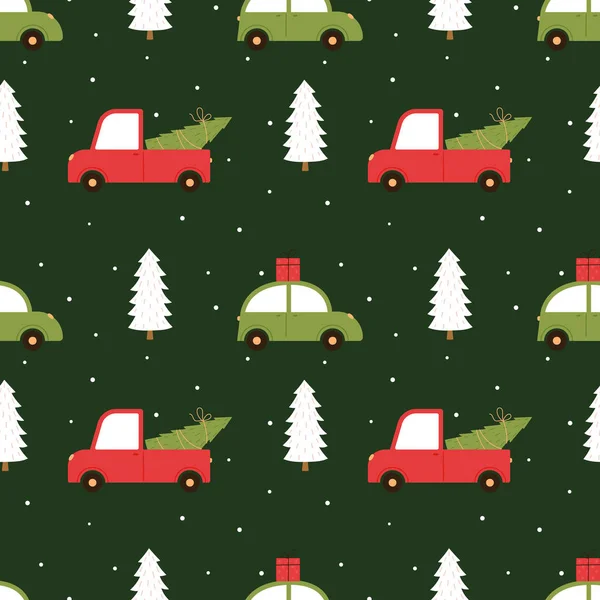 Різдвяний Безшовний Візерунок Машинами Ялинками Подарунками Зеленому Тлі Векторний Фон — стоковий вектор
