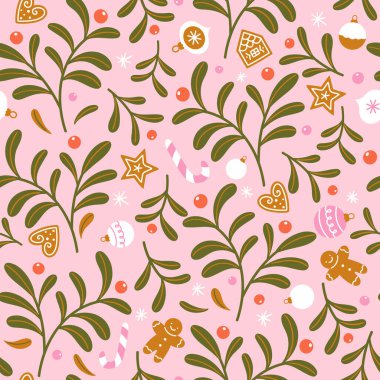Kış bitkileriyle, zencefilli çöreklerle ve Noel süsleriyle kusursuz bir Noel deseni. Noel kumaşı tasarımı, ambalaj kağıdı, tekstil için parlak vektör arkaplanı