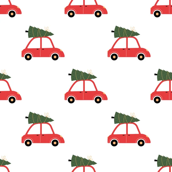 Modello Natale Senza Cuciture Con Auto Che Trasporta Albero Natale — Vettoriale Stock