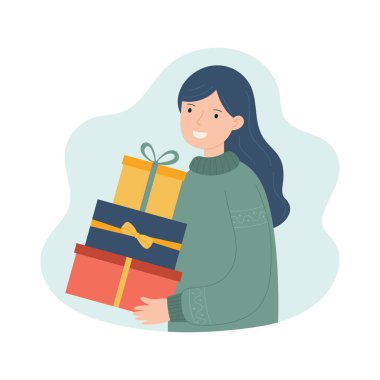 Noel hediyeli bir kadın. Kış tatili için vektör tasarımı. Basit biçim, beyaz arkaplan.