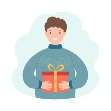 Bir adam Noel hediyesi tutar. Kış tatili kavramı. Beyaz arkaplanda basit bir şekilde vektör illüstrasyonuName.