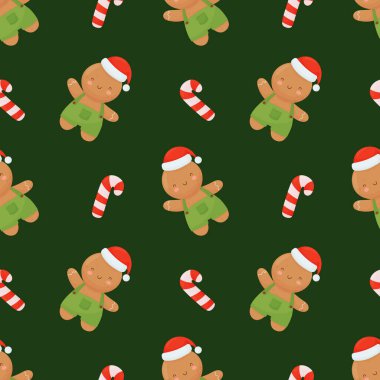 Kusursuz Noel desenli zencefilli kurabiye adam ve yeşil arka planda şekerleme kanepesi. Tekstil, kumaş, ambalaj kağıdı için vektörsüz arkaplan.