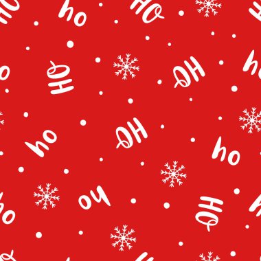 Ho Ho Ho. Kusursuz bir Noel deseni. Kırmızı arkaplanda kar taneleri ve yazıtlar var. Vektör illüstrasyonu.