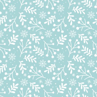 Açık turkuaz arka planda böğürtlenli, kar taneli, yapraklı ve dallı bir Noel deseni. Basit düz stil. Kış tekstil, kumaş, ambalaj ve hediye kağıdı için idealdir..