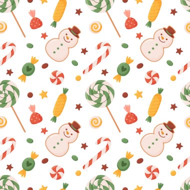 Noel tatlıları kusursuz bir desen. Beyaz arka planda şekerler, şekerler, zencefilli çörek ve lolipoplar. Vektör illüstrasyonu