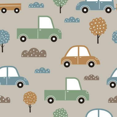 Çocukların çeşitli arabalara sahip kusursuz desenleri. Çarşaf, kumaş, giysi, ambalaj kağıdı için saf çocuk baskısı.