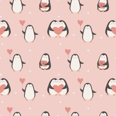 Sevimli penguenler, hediye ve kalp şeklinde balonla Sevgililer Günü kusursuz deseni. Bebek tekstil, ambalaj kağıdı, kumaş için vektör illüstrasyonu