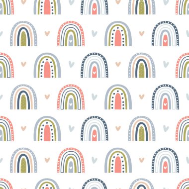 Beyaz arka planda sevimli gökkuşakları ve kalpleri olan hassas, pürüzsüz vektör deseni. Çocukların minimalist baskısı. Çocuk yatağı, kumaşlar, tekstil, duvar kağıdı, ambalaj kağıdı.