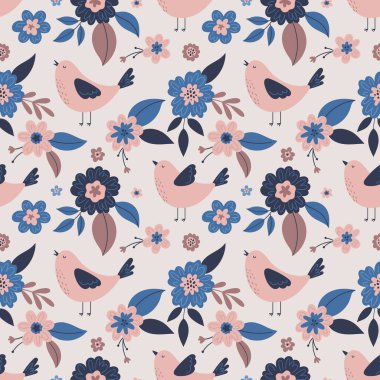 Kuşlar ve çiçek elementleriyle basit bir şekilde yaylı, pürüzsüz desenler. İlkbahar veya yaz kumaş, ambalaj kağıdı vs. tasarımları için uygundur. Vektör illüstrasyonu.
