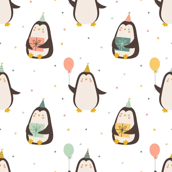 かわいいペンギン ギフト 風船が付いている幸せな誕生日シームレスなパターン 赤ちゃんの織物 包むペーパー 生地のためのベクトル イラスト ロイヤリティフリーストックベクター