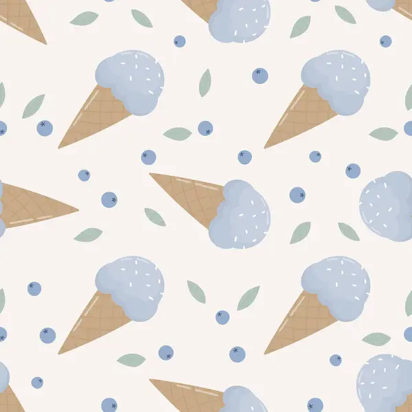 ブルーベリーアイスクリームシームレスパターン 軽い背景にコーンとイチゴのアイスクリーム ベクトルイラスト ストックイラスト