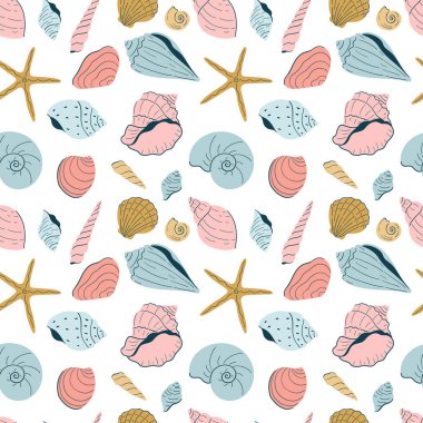 Çeşitli deniz kabuklarıyla kusursuz vektör deseni. Beyaz arkaplanda el çizimi desen