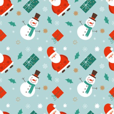 Noel Baba, kardan adam ve hediyelerle kusursuz bir Noel deseni. Paketleme, kağıt, kumaş için kusursuz bir Noel arkaplanı