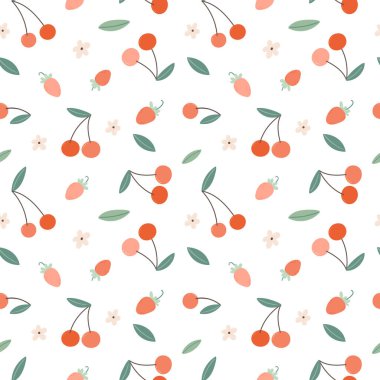 Beyaz arka planda kirazlar ve çilekler olan şirin yaz şablonu. Çocuk tekstil, ambalaj ve tekstil ürünleri için kusursuz el çizimi arka plan