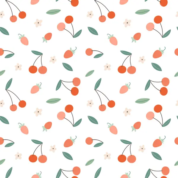 白い背景にチェリーやイチゴが付いているかわいい夏のパターン 子供の織物 織物のためのシームレスな手描きの背景 ロイヤリティフリーのストックイラスト