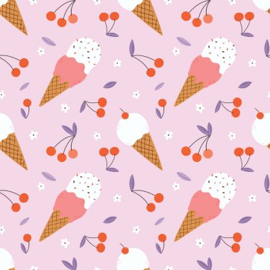 Dondurma ve kirazsız vektör deseni. Çocukların tekstil, ambalaj ve kumaşları için kusursuz el çizimi arka plan.