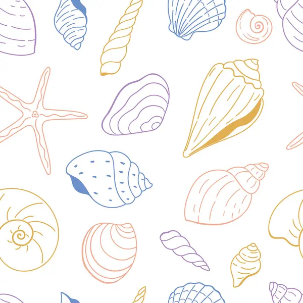 Stock vector Seamless vector pattern with a variety of seashells. Hand drawn pattern on white background