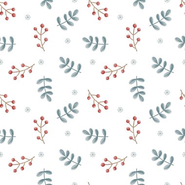 Kumaşlar için böğürtlen ve dallarla süslenmiş kusursuz Noel deseni, ambalaj kağıdı.