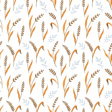 Kulaklar ve yabani otlar kusursuz vektör deseni. Basit düz stil. Beyaz arka plan. Tekstil, kumaş, ambalaj için.