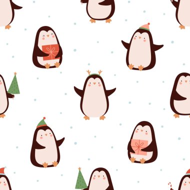 Komik penguenlerle kusursuz bir Noel deseni. Basit çizgi film tarzı, beyaz arkaplan. Noel tekstil ürünleri, ambalaj kağıdı, kumaş.