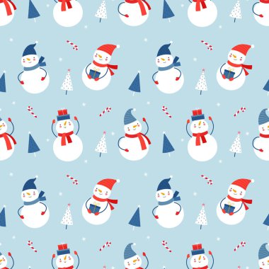 Komik kardan adamlar ve Noel ağaçlarıyla kusursuz vektör deseni. Düz çizgi film tarzında kusursuz bir arka plan. Kumaş ve ambalaj kağıtları için tasarım.