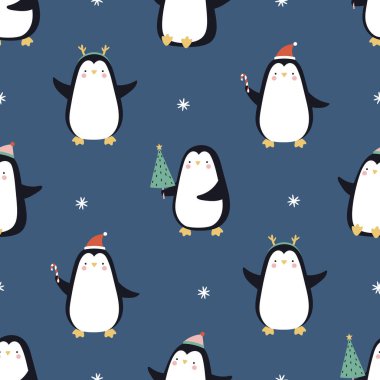 Mavi arka planda komik penguenler olan kusursuz bir Noel deseni. Noel tekstil ürünleri, ambalaj kağıdı, kumaş.